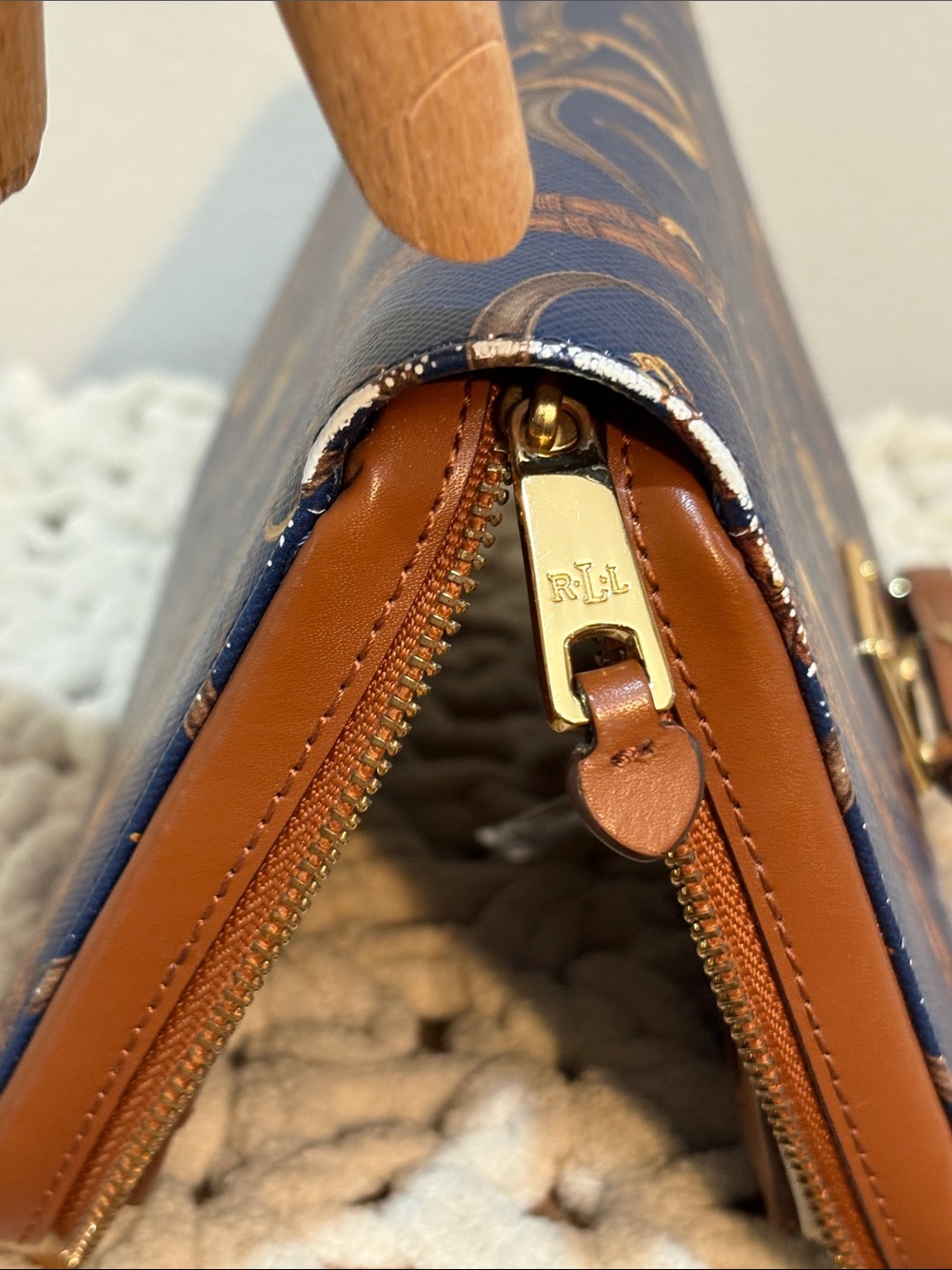 Lauren Ralph Lauren Navy Blue and Brown Printed Crossbody Wallet - Picture 16 of 17